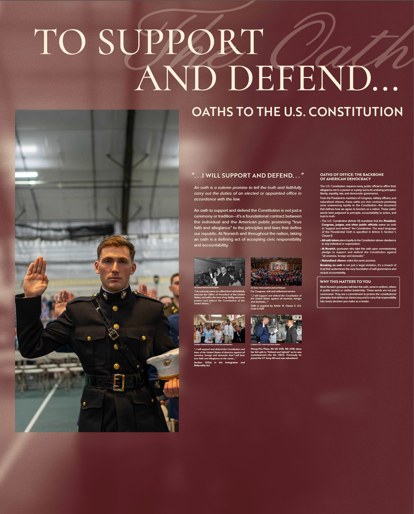 A graphic of a Norwich cadet taking an oath alongside educational constituion material.