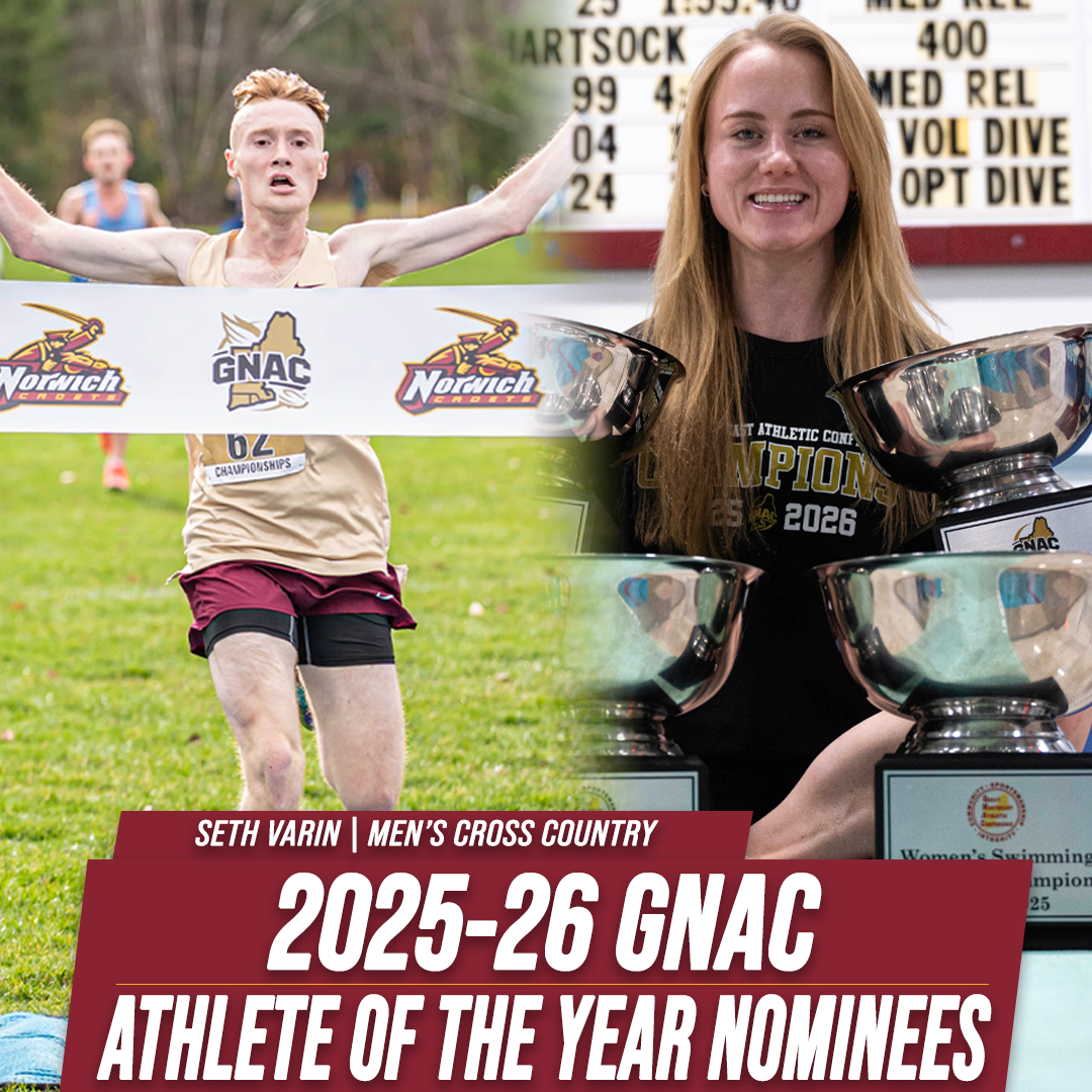 Composite graphic of a cross country runner and swimmer with trophies above text, “2025-26 GNAC Athlete of the Year Nominees.”