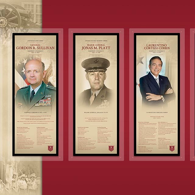 Three Norwich University military honor displays feature Gordon R. Sullivan, Jonas M. Platt, and Laurentino Cortizo Cohen.