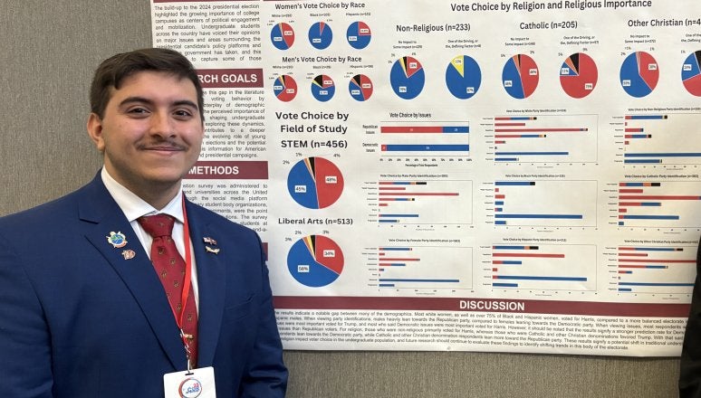 Student stands beside a research poster on the 2024 presidential election.