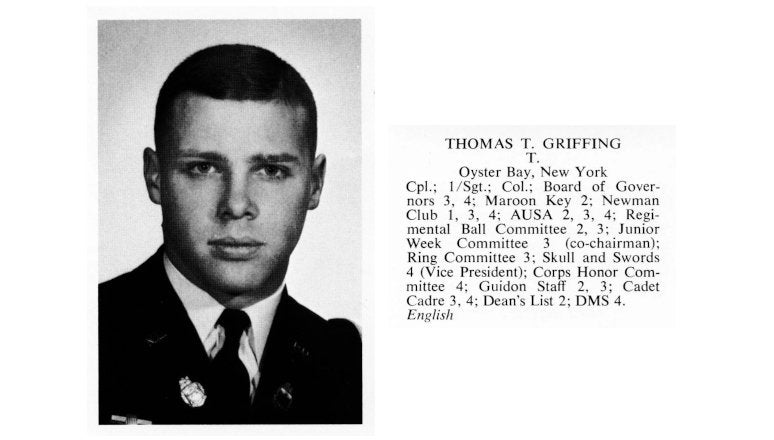 Portrait of Thomas T. Griffing in uniform. Norwich War Whoop copy to right of portrait.